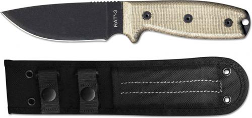 Ontario 8665 RAT-3 EDC Fixed Blade Knife Black 1095 Steel Drop Point Micarta Handle USA Made