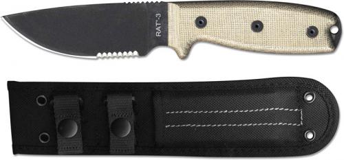 Ontario 8666 RAT-3 EDC Fixed Blade Part Serrated Black 1095 Drop Point Micarta Handle USA Made