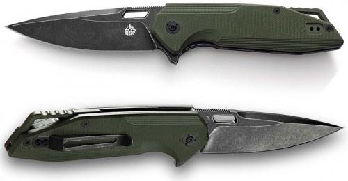 QSP Shark Knife QS103-C - Black Stonewash 440C Drop Point - Green G10 - Liner Lock - Flipper Folder