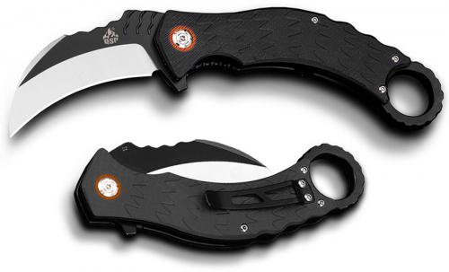 QSP Eagle Karambit Knife QS120-B - 2 Tone Black Satin D2 Hawkbill - Black G10 - Ring Pommel - Liner Lock Flipper Folder
