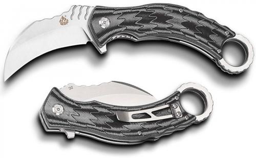 QSP Eagle Karambit Knife QS120-E - Satin D2 Hawkbill - Black and Gray G10 - Ring Pommel - Liner Lock Flipper Folder