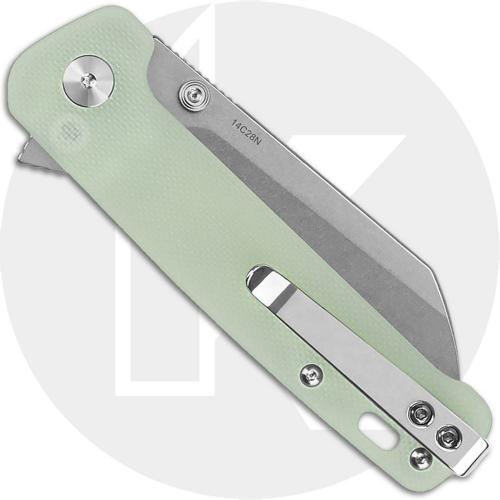 QSP Penguin Button Lock QS130-B1 Knife - Stonewash 14C28N Sheepsfoot - Jade G10 - Flipper Folder