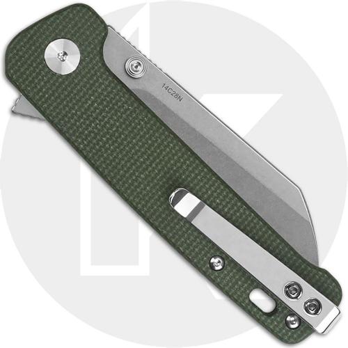 QSP Penguin Button Lock QS130-C1 Knife - Stonewash 14C28N Sheepsfoot - Green Micarta - Flipper Folder