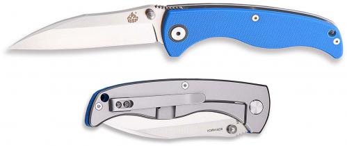 QSP Nokomis Knife QS110-B - Clay Mewes EDC - Stonewash / Satin Wharncliffe - Blue G10 / SS - Frame Lock Folder