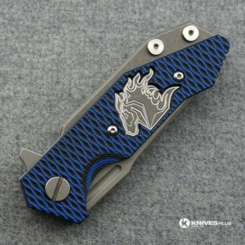 Hinderer Knives Half Track Spearpoint Knife - Working Finish - Horse Engraved w/Textured Lockside - Blue/Black G10 Cutout