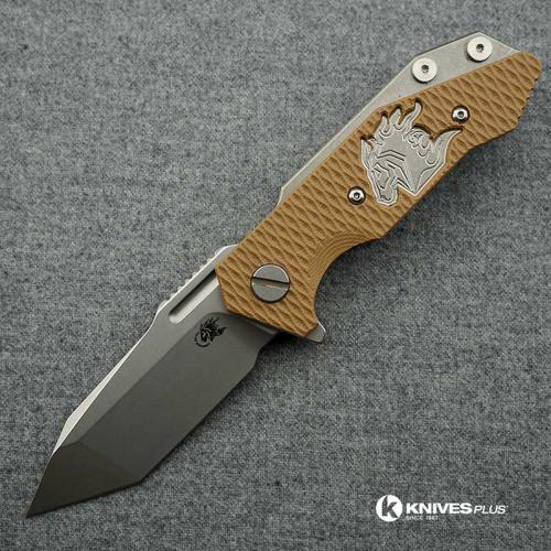 Hinderer Knives Half Track Tanto Knife - Stonewash Finish - Horse Engraved w/Smooth Lockside - Coyote G10 Cutout