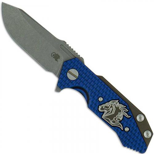 Hinderer Knives Half Track Spearpoint Knife - Battle Bronze Ano - Working Finish - Horse Engraved w/Textured Lockside - Blue/Black G10