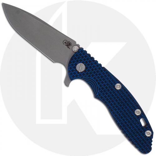 Hinderer Knives XM-18 3.5 Inch Knife - Spear Point - Working Finish - 20CV - Tri Way Pivot - Blue / Black G-10 / Battle Bronze Ti