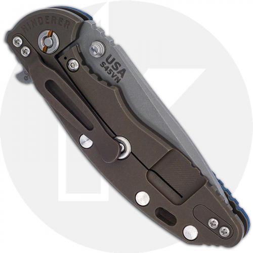 Hinderer Knives XM-18 3.5 Inch Knife - Spanto - Working Finish - S45VN - Tri Way Pivot - Blue / Black G-10 / Battle Bronze Ti