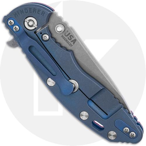 Rick Hinderer Knives SKINNY XM-18 3.5 Inch Knife - Hollow Grind Slicer - Working Finish - MagnaCut - Red G10/Battle Blue Titaniu