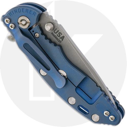 Rick Hinderer XM-18 3.25 Inch Knife - Working Finish MagnaCut Spanto - Black G10 / Battle Blue Titanium
