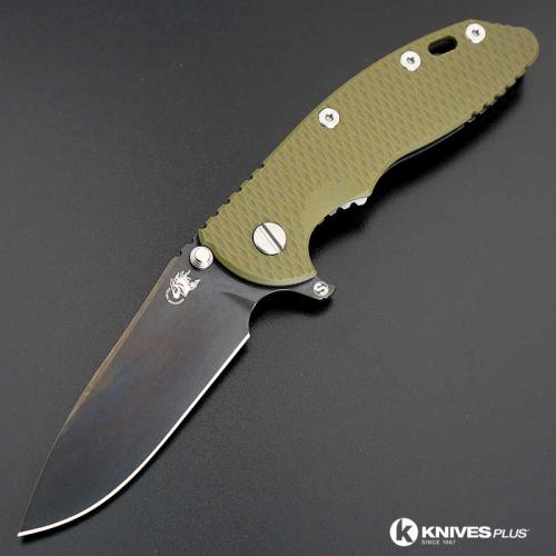 Hinderer Knives SKINNY XM-18 3.5 Inch Knife - Gen 6 Slicer - Stonewash Black DLC - Tri Way Pivot - OD Green G-10 Handle