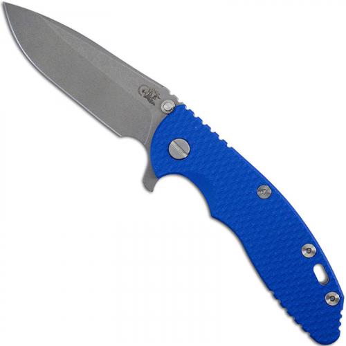 Hinderer Knives Gen 6 XM-18 3.5 Inch Knife - Spear Point - Working Finish - Tri Way Pivot - Blue G-10