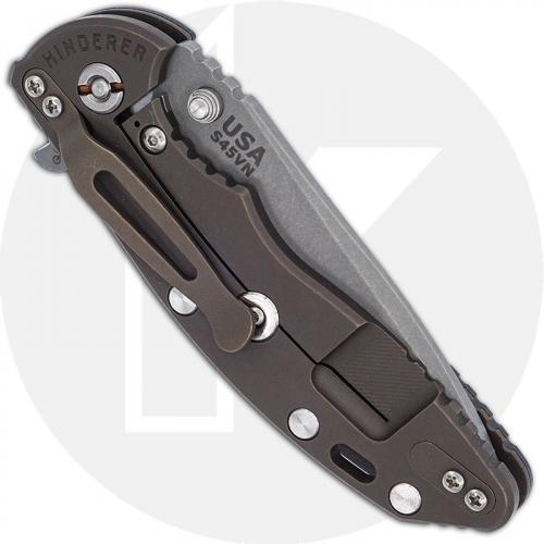 Hinderer Knives XM-18 3.5 Inch Knife - Spanto - Working Finish - S45VN - Tri Way Pivot - Black G-10 / Battle Bronze Ti