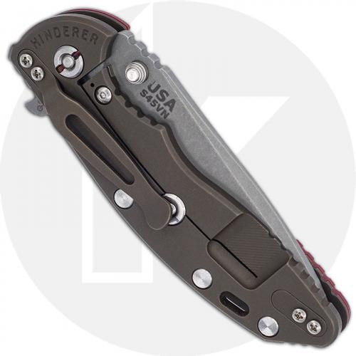 Hinderer Knives XM-18 3.5 Inch Knife - Spanto - Working Finish - S45VN - Tri Way Pivot - Red G-10 / Battle Bronze Ti