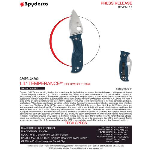 Spyderco Lil Temperance 3 Lightweight C69PBL3K390 Knife - Bohler K390 - Blue FRN - Compression Lock Folder