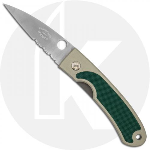 Spyderco Centofante C25PSGR - Gen 1 - Part Serrated ATS-34 Wharncliffe - Gray Aluminum with Green Rubber - Discontinued Item - BNIB