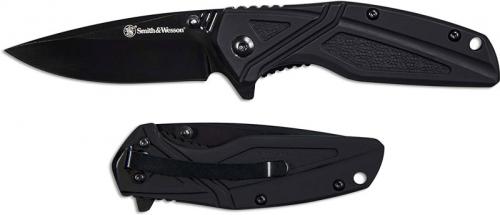 Smith and Wesson SW1101 EDC Flipper Folder Black Drop Point Black Rubberized Aluminum 1084308