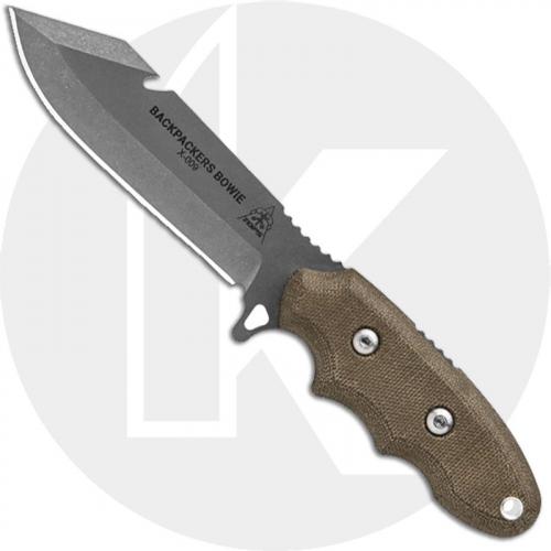 TOPS Knives Backpacker's Bowie BPB-01 - Tumbled 1095 Clip Point - Green Micarta - USA Made