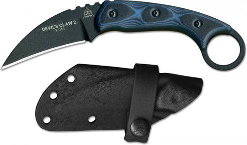 TOPS Knives Devil's Claw 2 Karambit DEVCL-02 - Black Traction Coated 1095 Steel - Blue / Black G10 with Ring Pommel - USA Made
