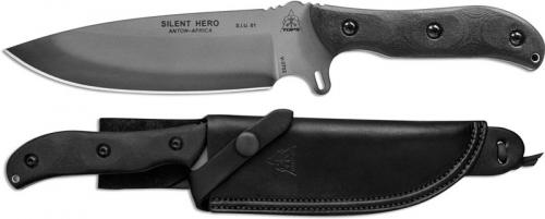 TOPS Knives Silent Hero Knife HERO-02 - Anton Du Plessis - Black River Wash 1095 Steel Blade - Black Micarta