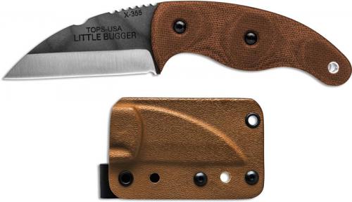 TOPS Knives Little Bugger LILB-01 - Tumble Finish 1095 Steel Wharncliffe Blade - Tan Canvas Micarta