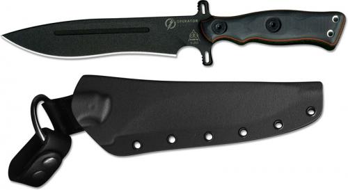 TOPS Knives Operator 7 Knife OP7-02 Blackout Edition - Black Traction Coated 1075 Recurve - Black Micarta and G10