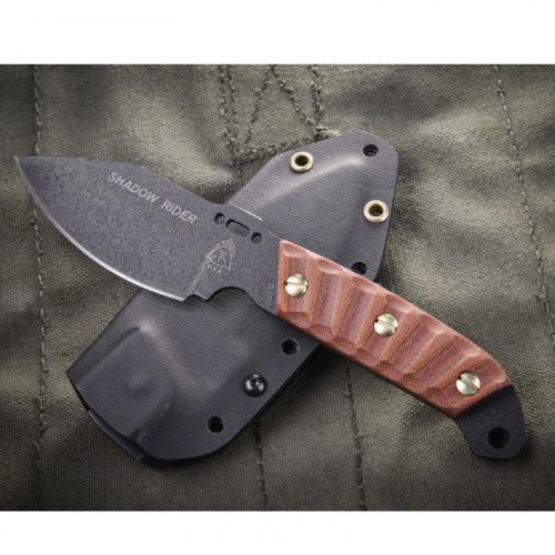 TOPS Shadow Rider SDRD-01 Fixed Blade Knife - 3.25 Black 1095 - Rocky Mountain Tread Tan Canvas Micarta - Black Kydex Sheath - U