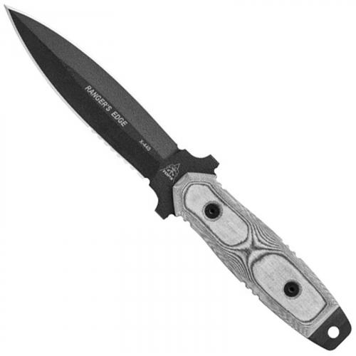 TOPS Knives Ranger's Edge Knife RE3010 - Black Traction Coat 1095 - Part Serrated Double Edge - Black Micarta - USA Made