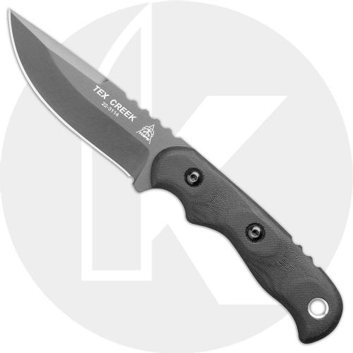 TOPS Knives Tex Creek Knife TEX4-02 - Leo Espinoza - Sniper Grey 1095 Hunters Point - Black Micarta