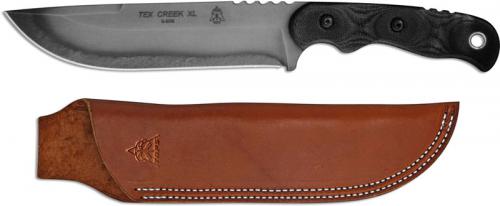TOPS Knives Tex Creek XL Knife TEX-XL - Leo Espinoza - Black River Wash 1095 Steel Blade - Black Micarta