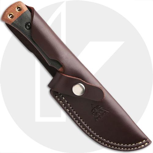 TOPS Woodcraft WC01 Fixed Blade Knife - Midnight Bronze 1095 Clip Point - Tan/Black Canvas Micarta - Brown Leather Sheath