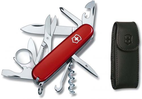 Victorinox Explorer 53823, 16 Function Multitool with Red Handle and Leather Pouch