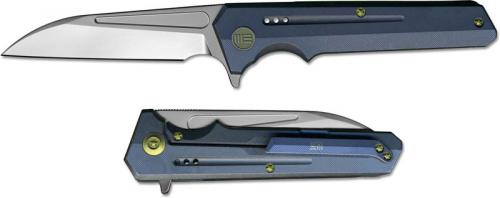We Knife Company 705A EDC Frame Lock Flipper Folding Knife Satin Wharncliffe Blue Ti Handle
