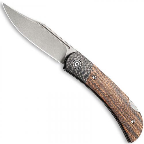 CIVIVI Rustic Gent Knife C914E - Gray Stonewash D2 Clip Point - Dark Brown Matrix Micarta and Carbon Fiber - Lock Back