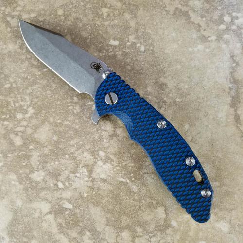 Rick Hinderer XM-18 Knife 3.5 Inch Stonewash Harpoon Spanto Black Blue G10 Frame Lock Flipper