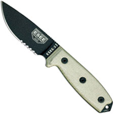 ESEE Knives ESEE-3MIL-S-B Part Serrated Black Drop Point - Micarta Handle - Glass Breaker Pommel - Black Molded MOLLE Sheath