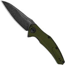 Kershaw Bareknuckle 7777OLBW Knife - BlackWash Drop Point - Olive Aluminum - KVT Flipper Folder - USA Made