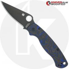 MODIFIED Spyderco Para Military 2 Knife with Black DLC Blade + KP Blue Swirl Carbon Fiber Scales