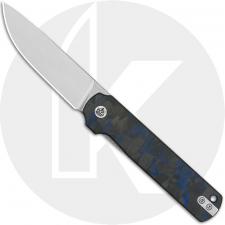 QSP Lark QS144E Knife - 14C28N Drop Point - Blue Shredded Carbon Fiber Overlay G10 - Flipper Folder