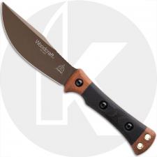 TOPS Woodcraft WC01 Fixed Blade Knife - Midnight Bronze 1095 Clip Point - Tan/Black Canvas Micarta - Brown Leather Sheath
